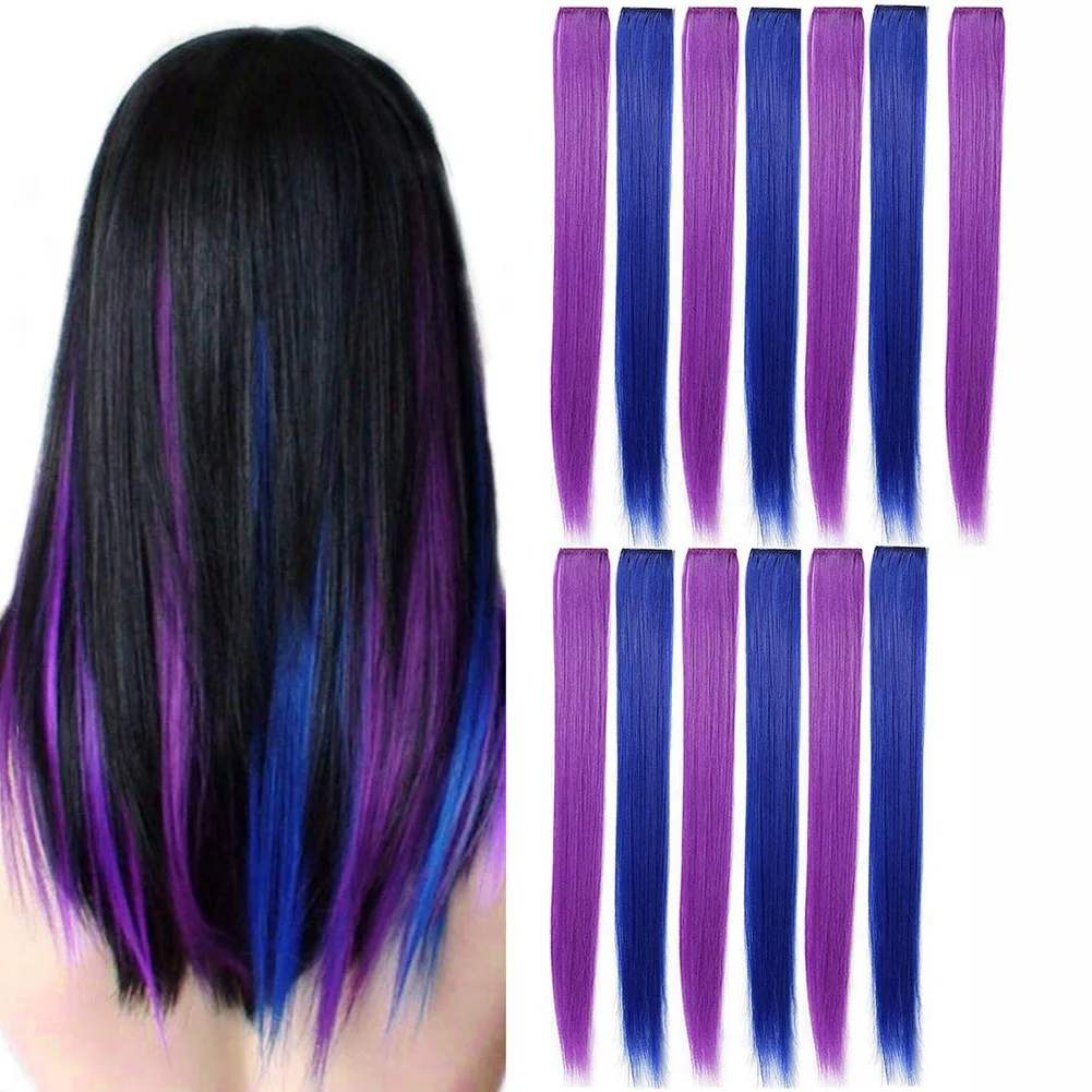 

26 Pcs Colored Party Highlights Colorful Clip In Hair Extensions 55Cm Straight Synthetic Hairpieces, Purple + Blue