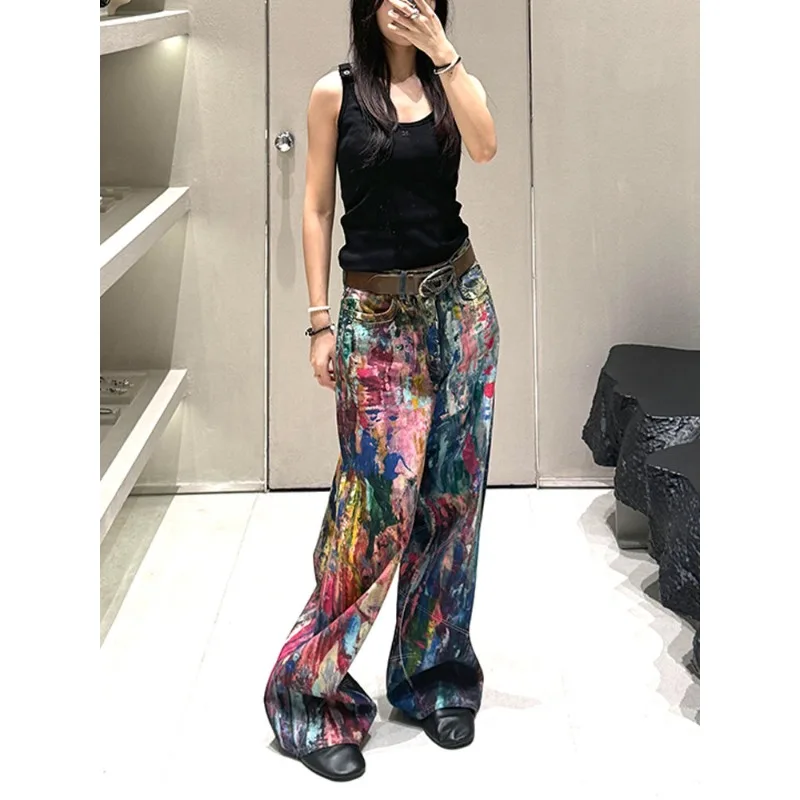 Colorful Jeans Women Vintage Plus Size Ink Splash Oil Painting Color Palette Jeans Spring Spicy 3D Color Print Drag Pants Trendy
