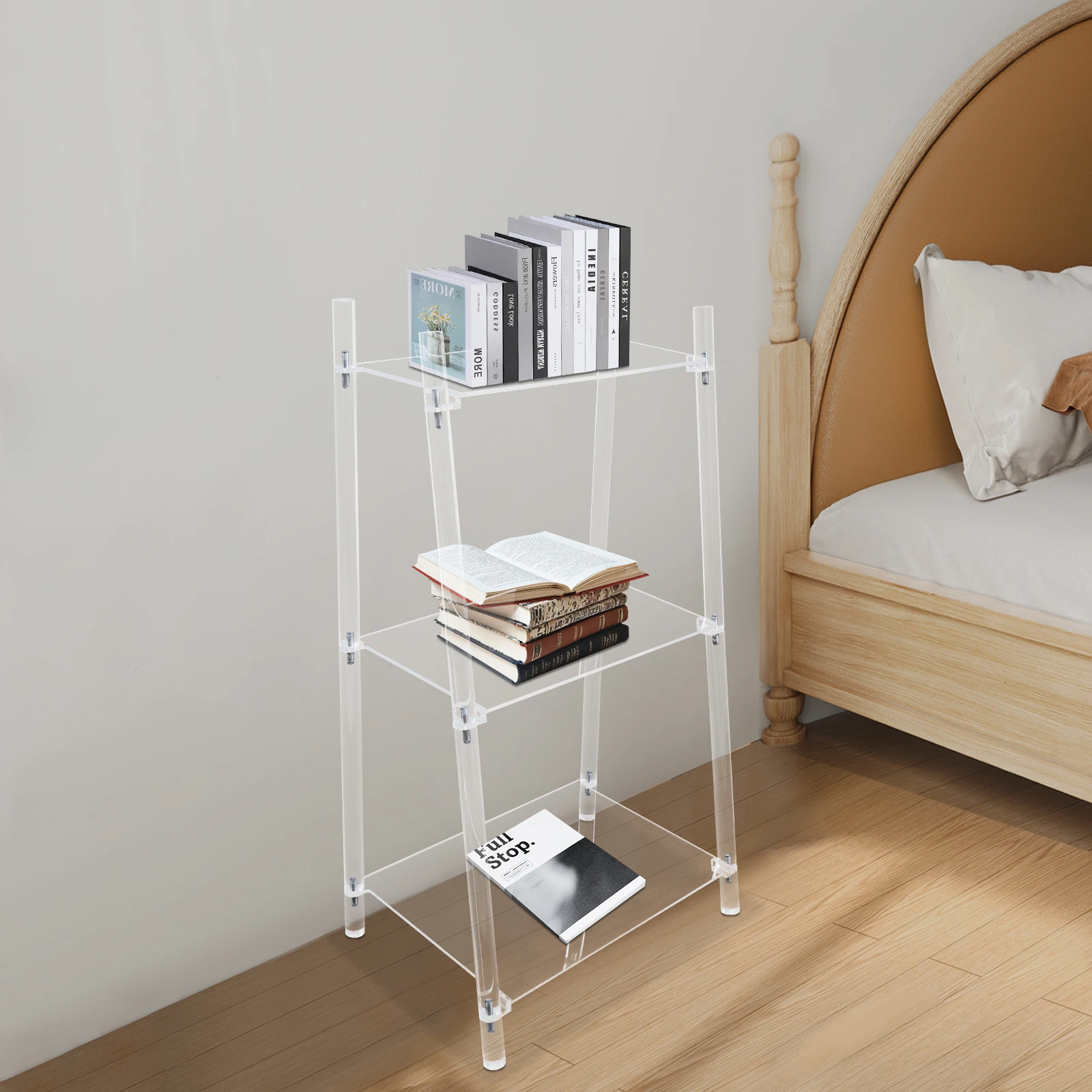 رف كتب على شكل سلم أكريليك، رف كتب شفاف من 3 طبقات، رف كتب متعدد الأغراض لغرفة المعيشة والحمام والمكتب
