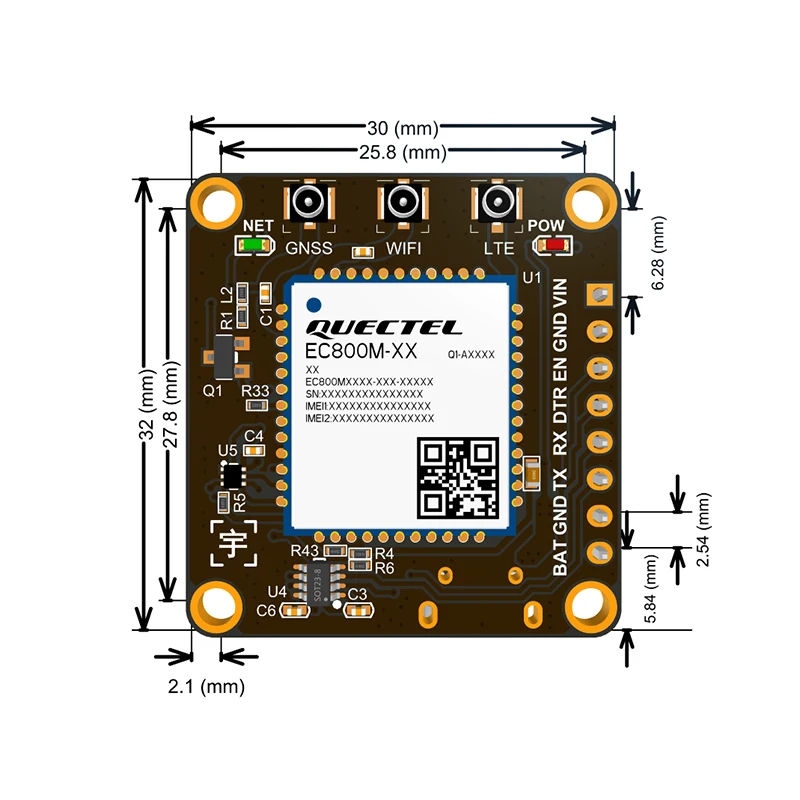 Quectel-モジュールコアボード,wi-fiスキャン,オーディオバンド,lte cat1,b2,b3,b5,b7,b8,b20,b28,nssなし,EG800K-EU, EG800K-EU