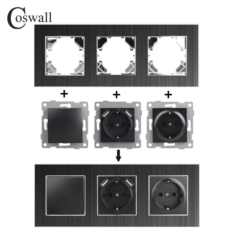 COSWALL HA Series Black Brushed Aluminum Panel Wall Light Switch EU Socket USB Charging CAT6 Internet Satellite TV Module DIY