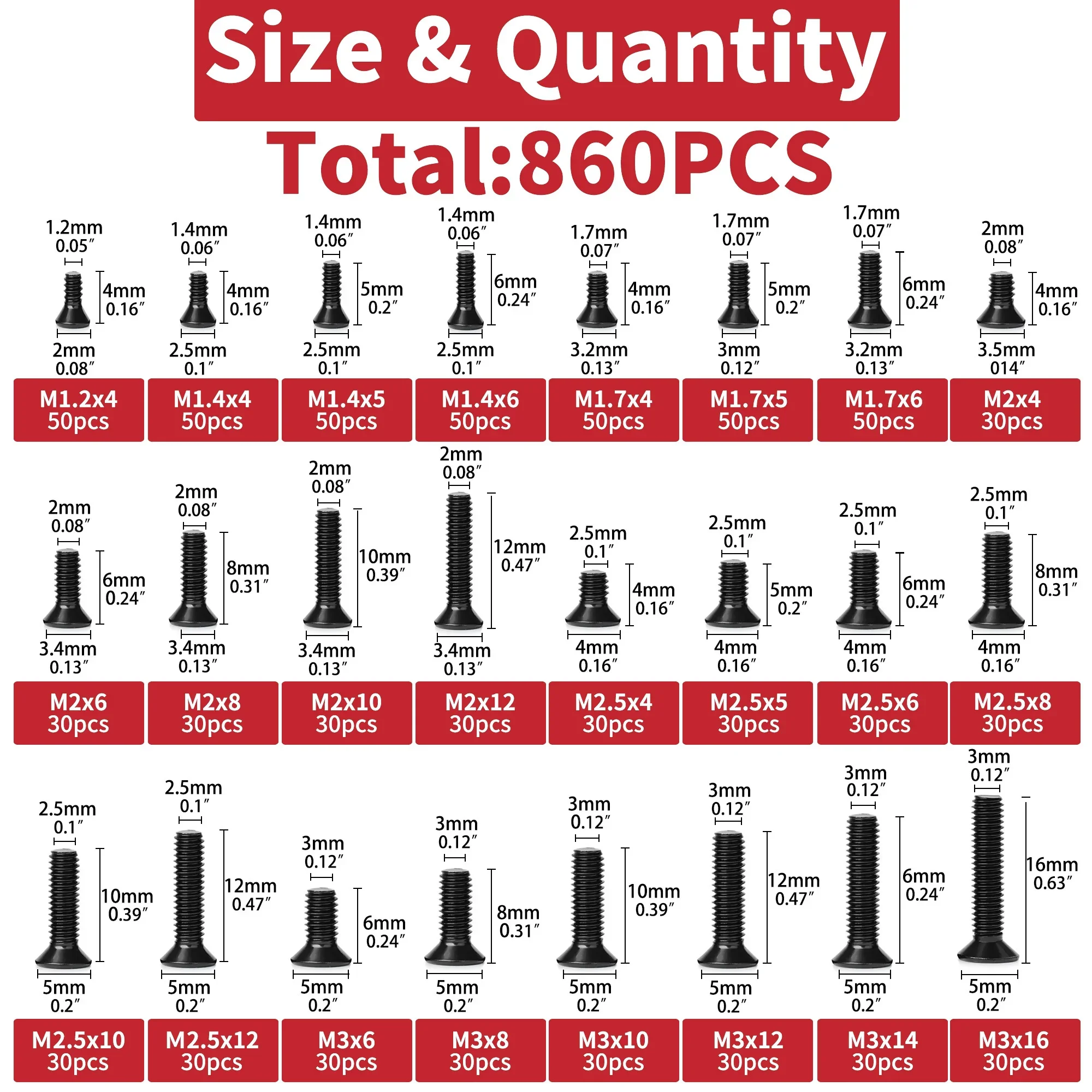 860PCS Small Computer Screws Assortment Kit, Black Tiny Eyeglass Screws M1.2 M1.4 M1.7 M2 M2.5 M3, PC & Laptop SSD Hard Drive C