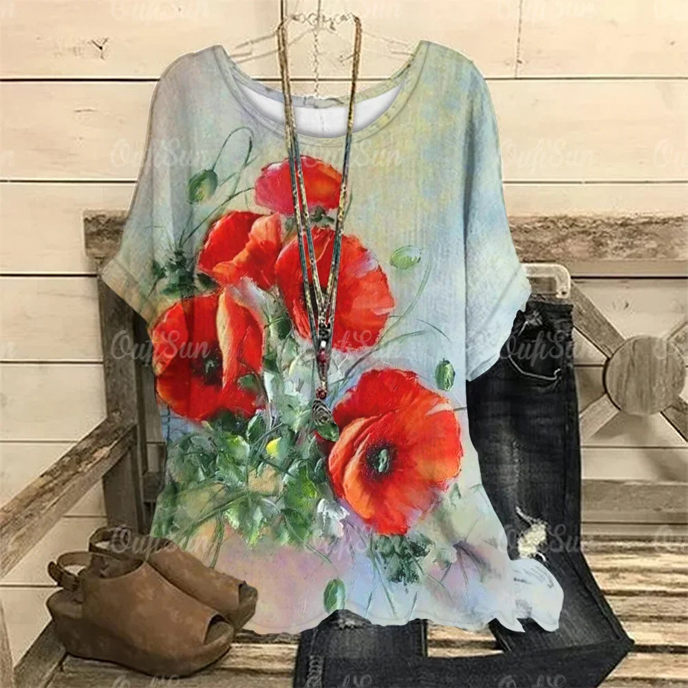 Camiseta con estampado de flores de amapola para mujer, ropa de verano con cuello redondo de gran tamaño, Top informal de manga corta, 2023