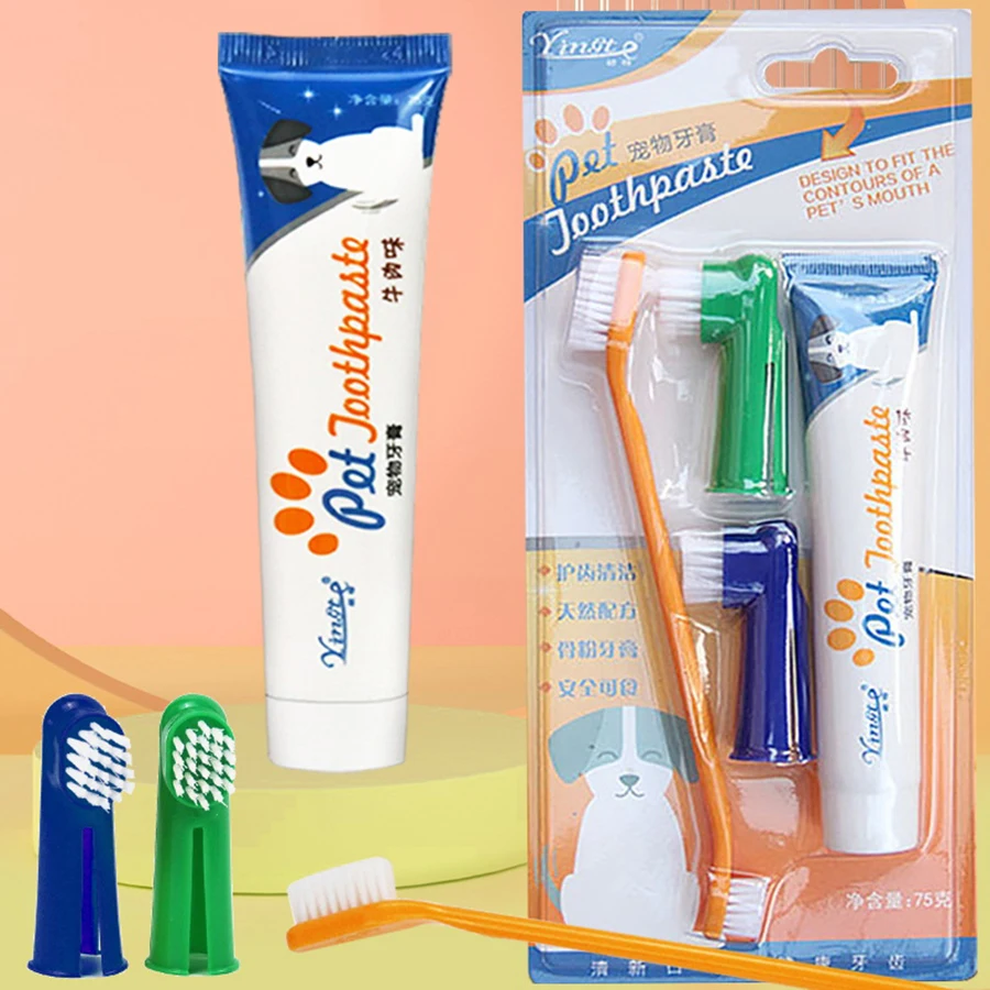 Pet toothbrush four piece set, dog toothbrush set, pet cleaning supplies, pet toothpaste