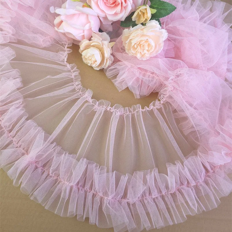 

16 ярдов розово-черной плиссированной сетчатой 3D-ткань с кружевом и бахромой, лента для отделки свадебных платьев, юбок принцесс, подола, рюшей, декоративной отделки для шитья