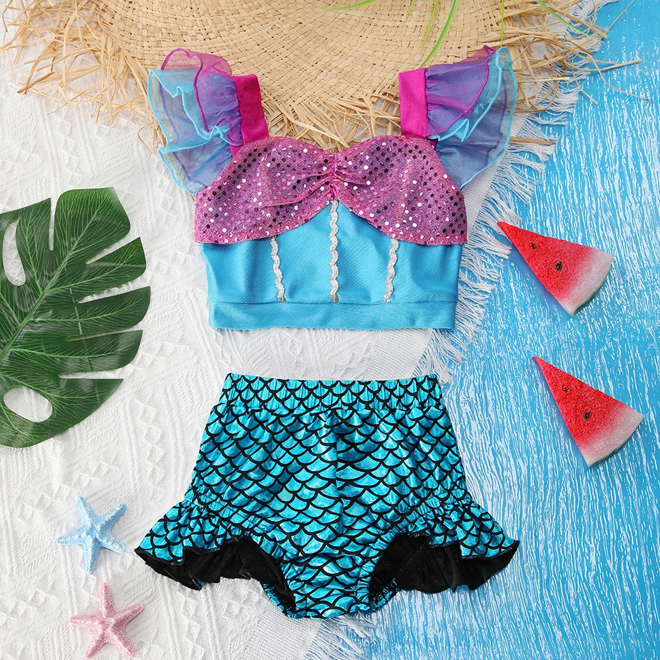 Baby Swimwear Girl Summer Swimming Beachwear Children Pool Two-piece Kids Mermaid Clothes Fly Sleeve Princess Swimsuit 3-10 Year