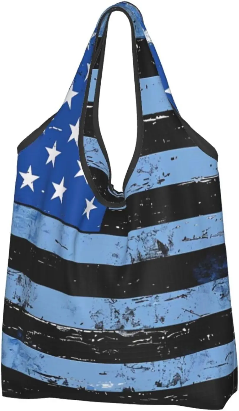 

Retro Blue Thin Line Usa Flag Printed Foldable Shoppers Tote, Waterproof Shopping Bags,Portable Grocery Bags