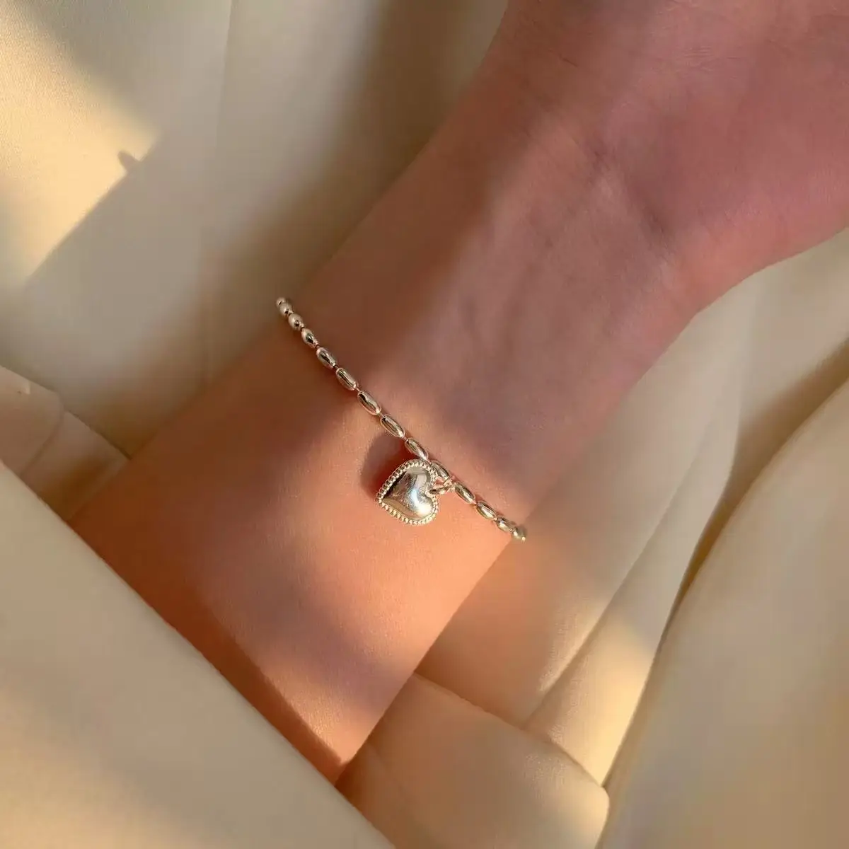 925 Sterling Silver Bracelet Rice Heart Bean Bracelet Korean Hand Jewelry Stacking Versatile Jewelry Ladies