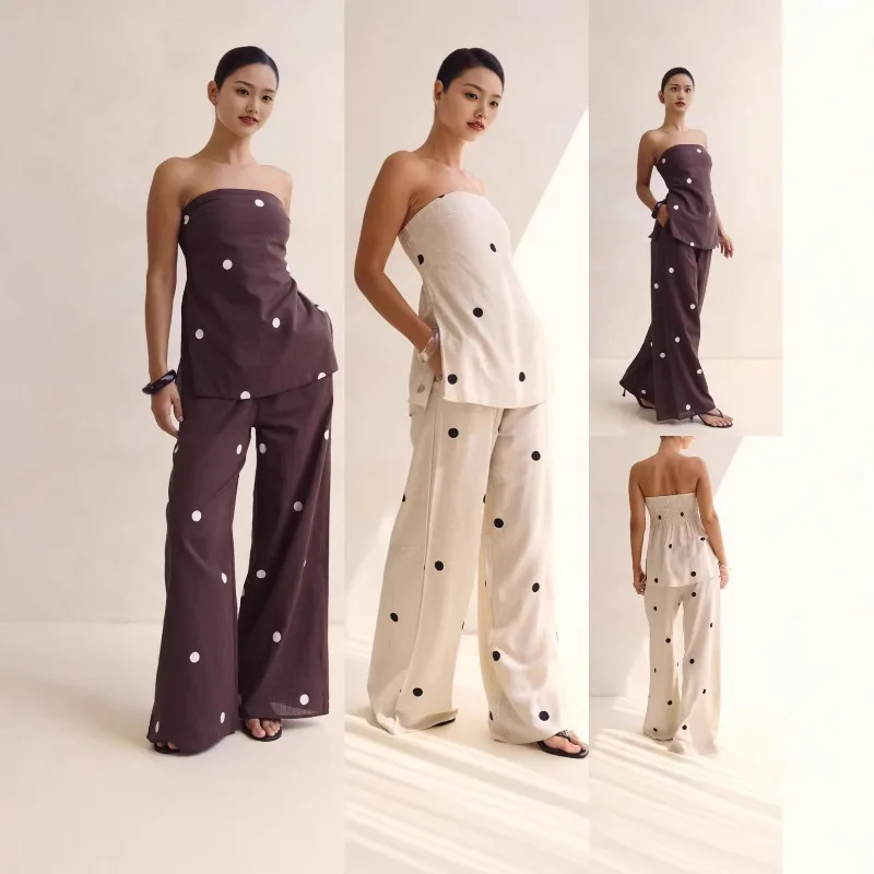 

2026 Women's 2Piece Y2k Polka Dot Print Outfits Set Smocked Backless Strapless Tube Tops+Elastic High Waist Wide Leg Pants
