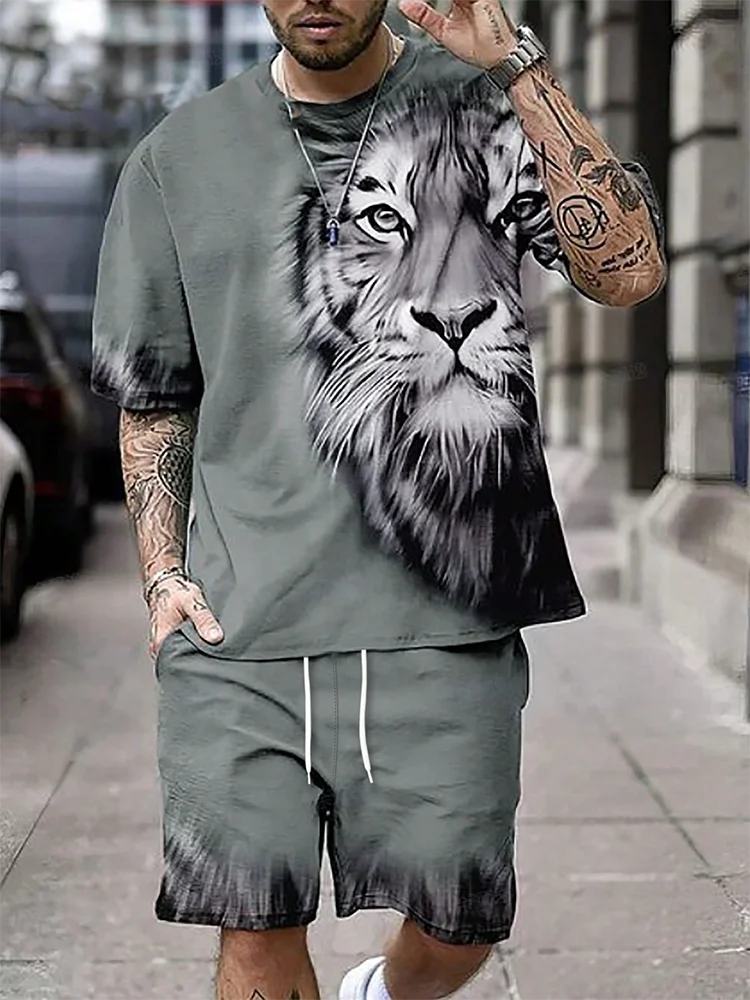 Tiger Print Men\'s T-shirt And Shorts Set Summer Street Fashion Men\'s Short-sleeved Top Everyday Casual Men\'s Sports Shorts