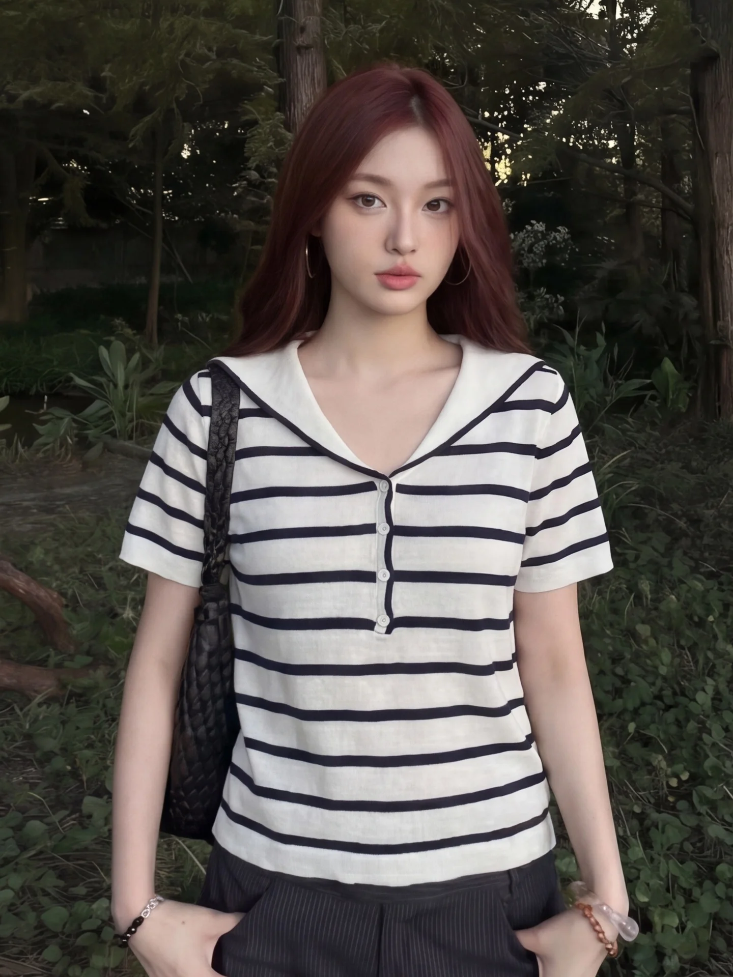 Camiseta de manga corta ajustada para mujer, estilo coreano, de verano, de seda helada, con cuello marinero, a rayas y bloques de color, estilo Citywalk.
