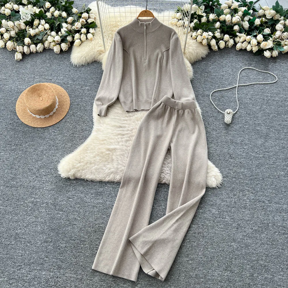 

Women Pant Set Two Piece Sets Zipper Stand Collar Sweaters Coat Wide Leg Long Pants High Waist Y2k Streetwear Autumn Winter