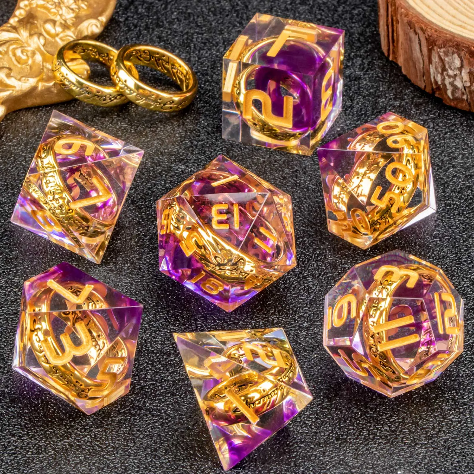 

Purple Ring Lord of Dice Polyhedral Set - the Ring Dice for Dungeons And Dragons D&D Players Dice For Lord of the Rings Themed