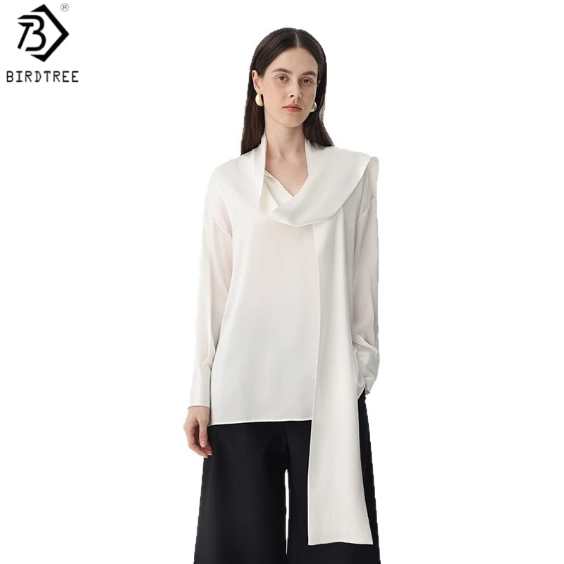 Birdtree, 100% Real Silk Solid Blouse, Ribbon Full Sleeve Shirt, Women Plain Satin Elegant White Tops, 2026 Summer NewT65735JF