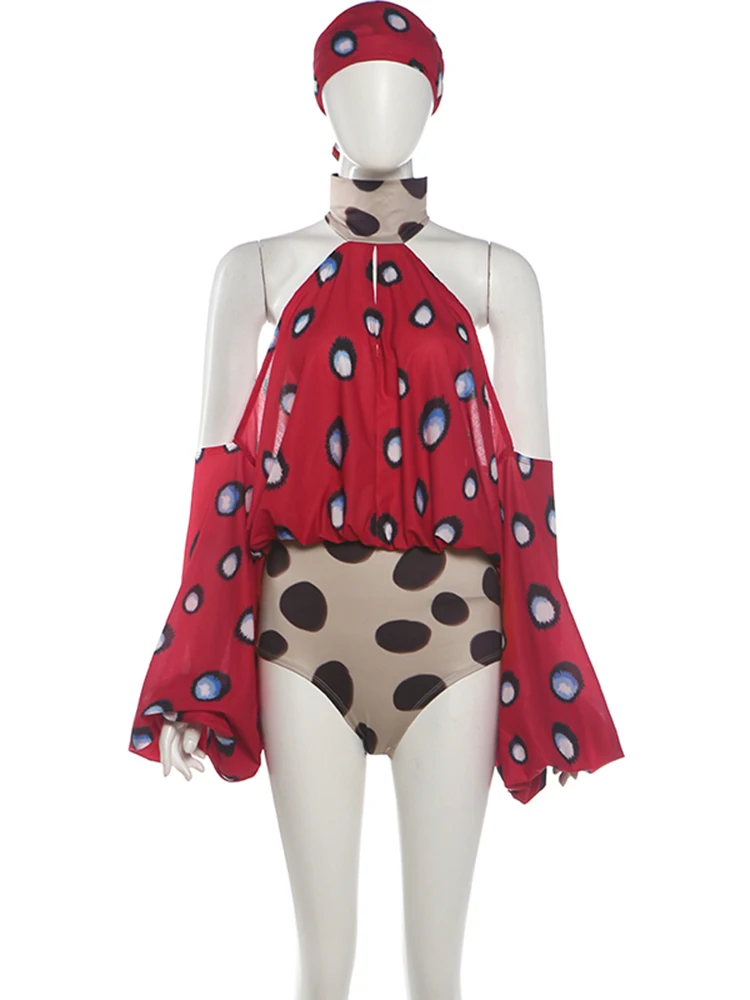 Kliou Kontrast-Patchwork-Playsuits+Kopftuch Damen Neckholder Off-Shoulder Rückenfrei Laternenärmel High-Street-Stil Klassische Rompers – Detail 3