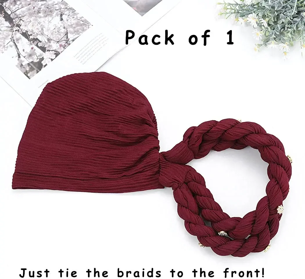Rippled ผู้หญิงมุสลิม Hijab หมวก Double Braid เพชร Turban หมวก Lady มะเร็ง Chemo หมวกหญิงหมวก Bonnet ผมฝาครอบ