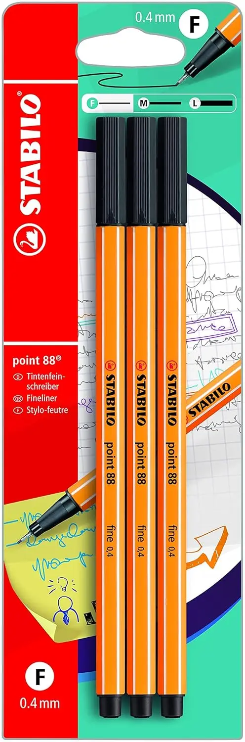 

Fine Point Felt Tip Pens, 3 Pack, Black, Water-Based Ink, 1mm Line
