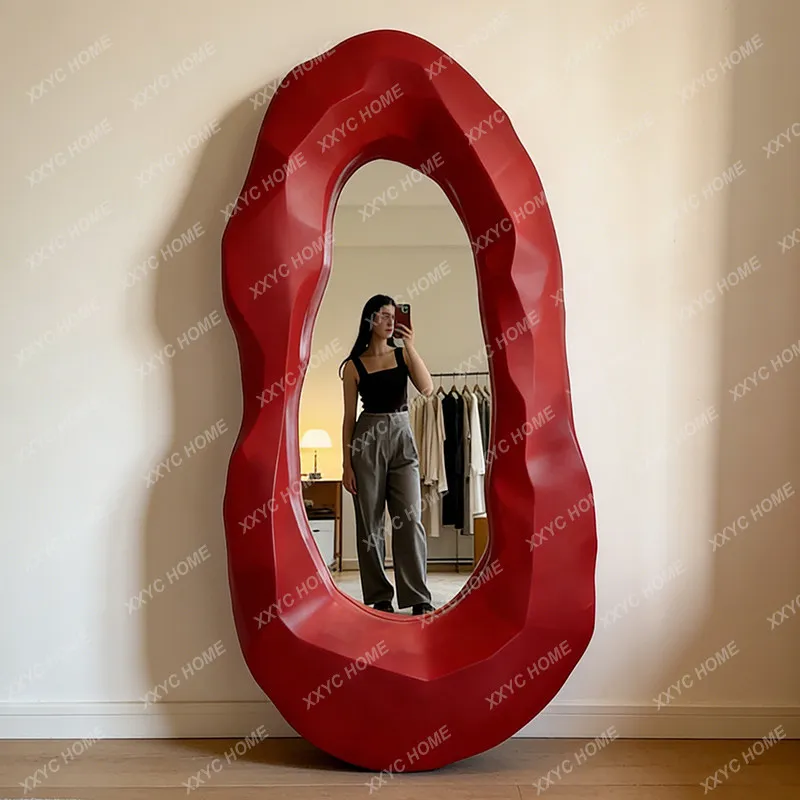 AA art try-on full-length mirror oval red mirror home clothing store special-shaped mirror