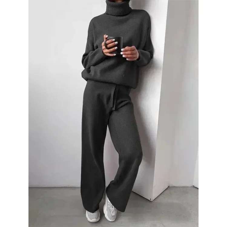 Women Two Piece Sets Pants Set Turtleneck Matching Sets Tops Sweaters Knitted Wide Leg Long Pants Set Splice Loose Autumn Winter