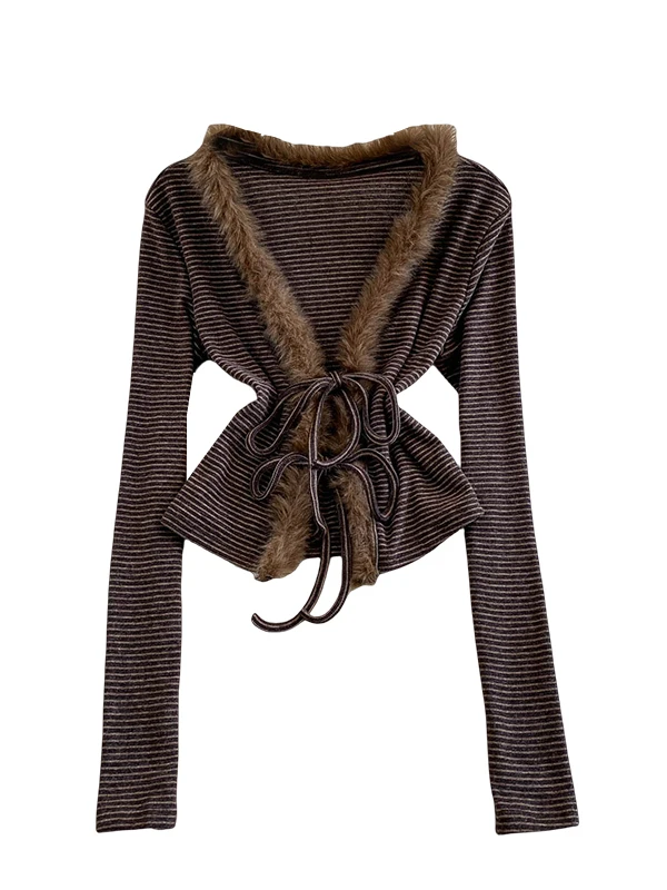 الكورية Sle V-Ne تي شيرت المرأة سليم صالح المرقعة الفراء شريط مربوط أعلى الخريف الشتاء Faion عادية طويلة Sve