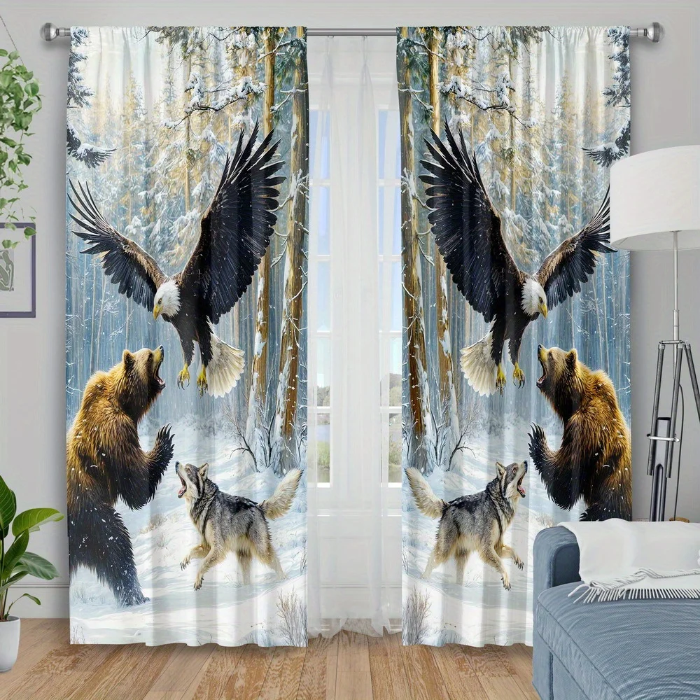 2pcs Eagle Bear Wolf Curtains Winter Forest Scene Print Blackout Drape Living Room Bedroom Window Treatment Home Decor