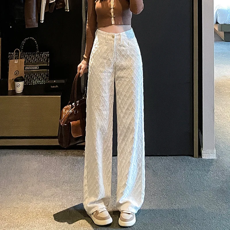 Ladies High Waist Jacquard Wide Leg Pants, White Loose Straight Leg Trousers for Daily and Casual Outfits