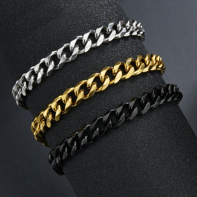 Hiphot Stainless Steel Curb Cuban Chain Bracelet Men Simple Gold Color Men\'s Chain Bracelet Unisex Wrist Jewelry Bangle Gift