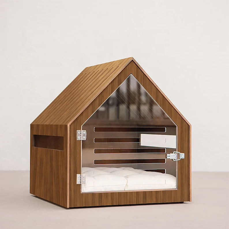 

Custom Modern Dog And Cat House With Acrylic Door Stained Wood Dog Kennel Crate Furniture Indoor Dog Cat House