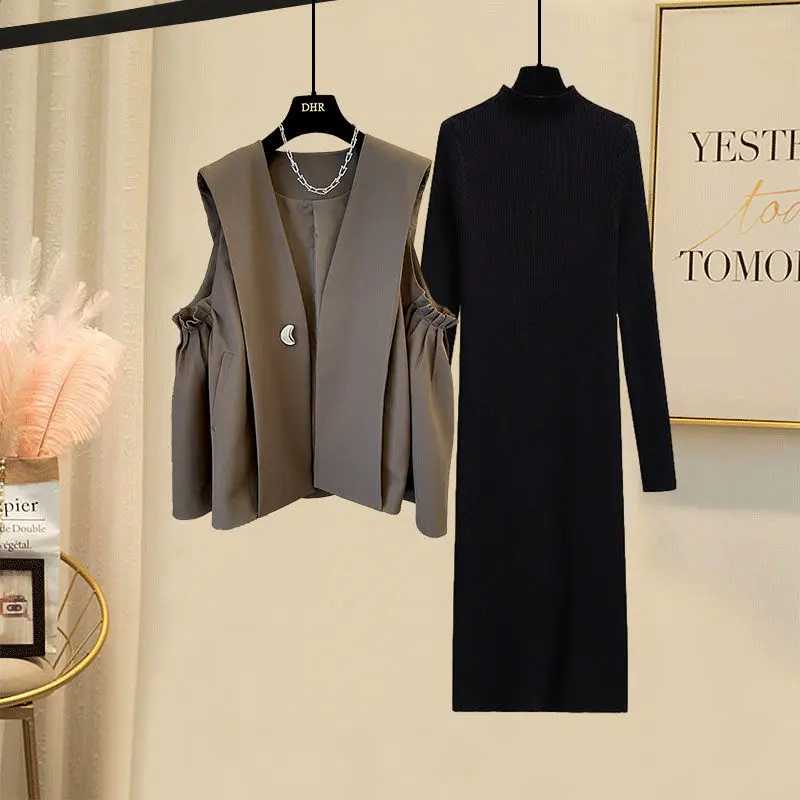 

Комплект женской одежды больших размеров: модный вязаный жилет и юбка-трапеция из полиэстера, осенняя коллекция 2025 года, новинка, свободный крой, для студентов и офиса