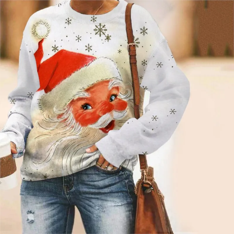 Christmas Hoodie Ladies Round Neck Pullover Long Sleeved Cartoon 3D Digital Printed Pattern Top Hoodie Autumn New Product Ladies