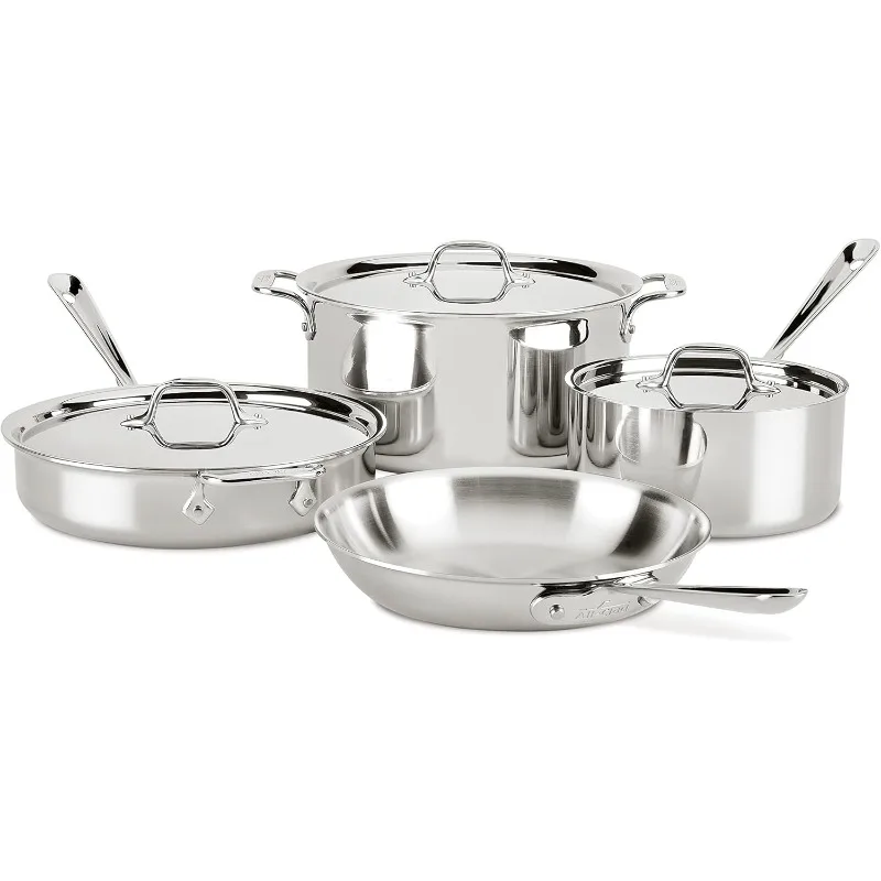 All-Clad D3 3-Ply Stainless Steel Cookware Set 7 Piece, Induction Compatible, Oven Broiler Safe 600F, Kitchen Cooking Set