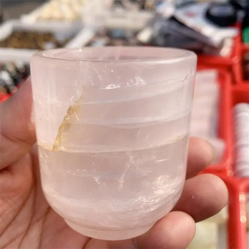 Natural Rose Quartz Cup Carving Sculpted Reiki Healing Gemstone Crafts For Art Collection Gift 1pcs