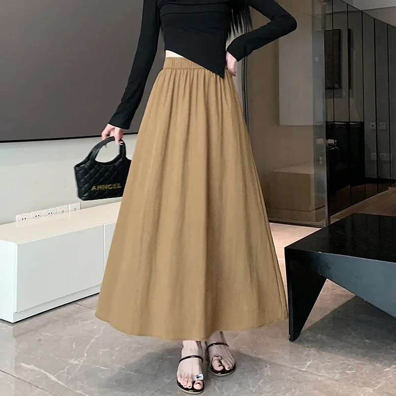 Casual A-line Long Skirts for Women Harajuku Elastic High Waist Solid Color Skirts Fashion All Match Folds Chic Skirts 2025 New