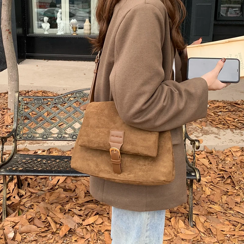 Vintage Brown Suede Crossbody Shoulder Bags For Women Designer Nubuck Leather Tote Handbags Female Casual Travel Purse Sling Bag