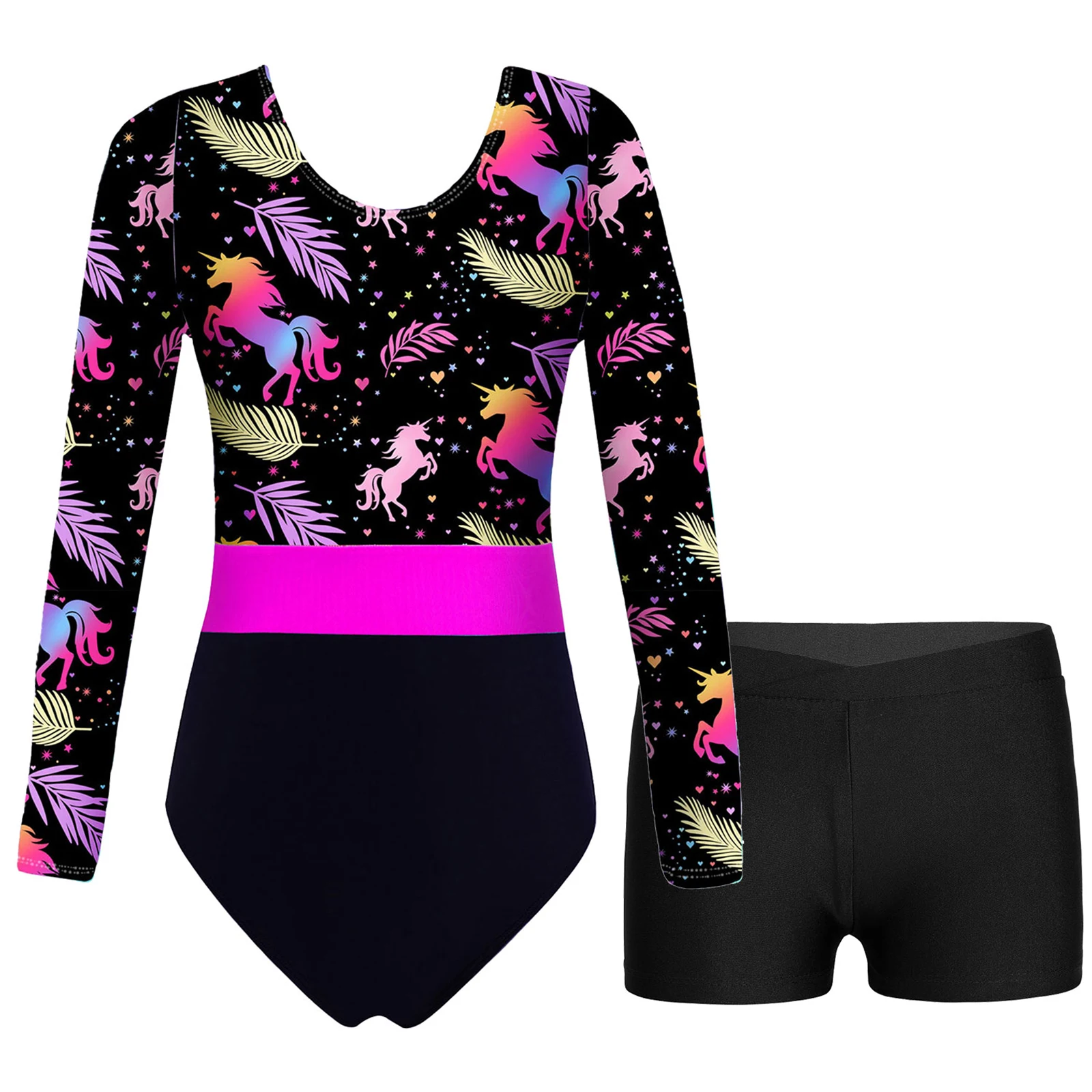 

6-14Y Girls Ballet Dance Gymnastics Leotard Skating Costume Long Sleeve Print Bodysuit with Shorts Fitness Sportswear Swimwear