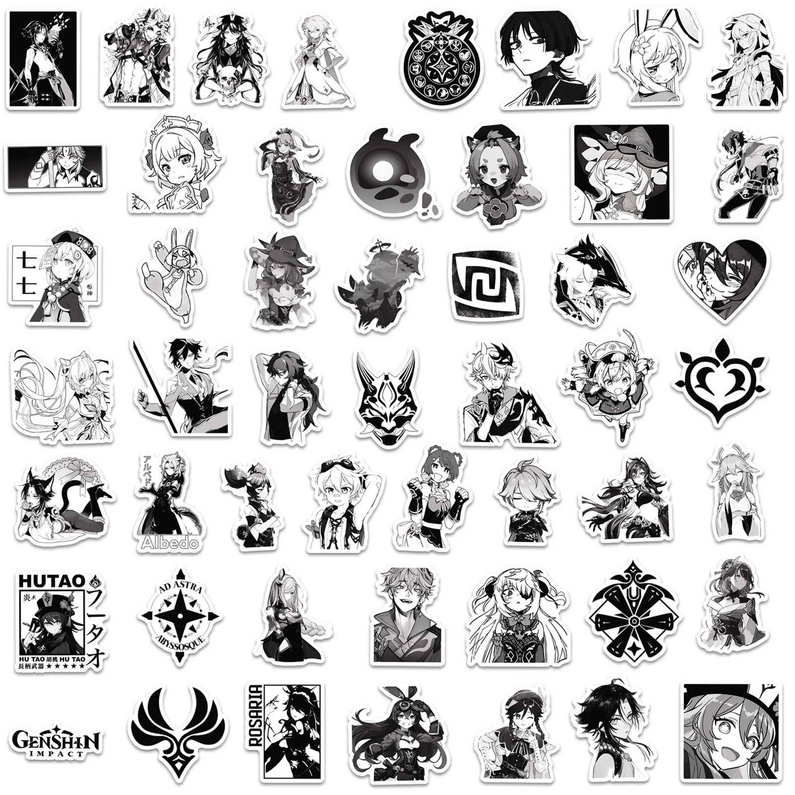 10/30/50pcs Black White Anime Genshin Impact Stickers Game Cartoon Decals DIY Laptop Phone Notebook Luggage Skateboard Sticker