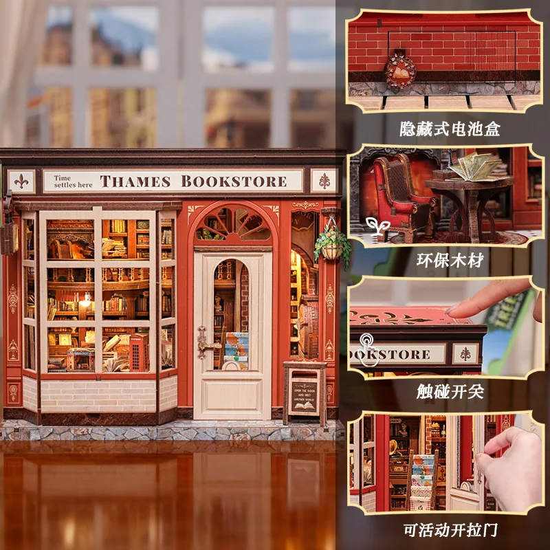 Thames Bookstore 3D DIY Miniature Kit - Creative Assembly Puzzle, Handmade Wooden Bookstore Decor Desktop Ornament Birthday Gift