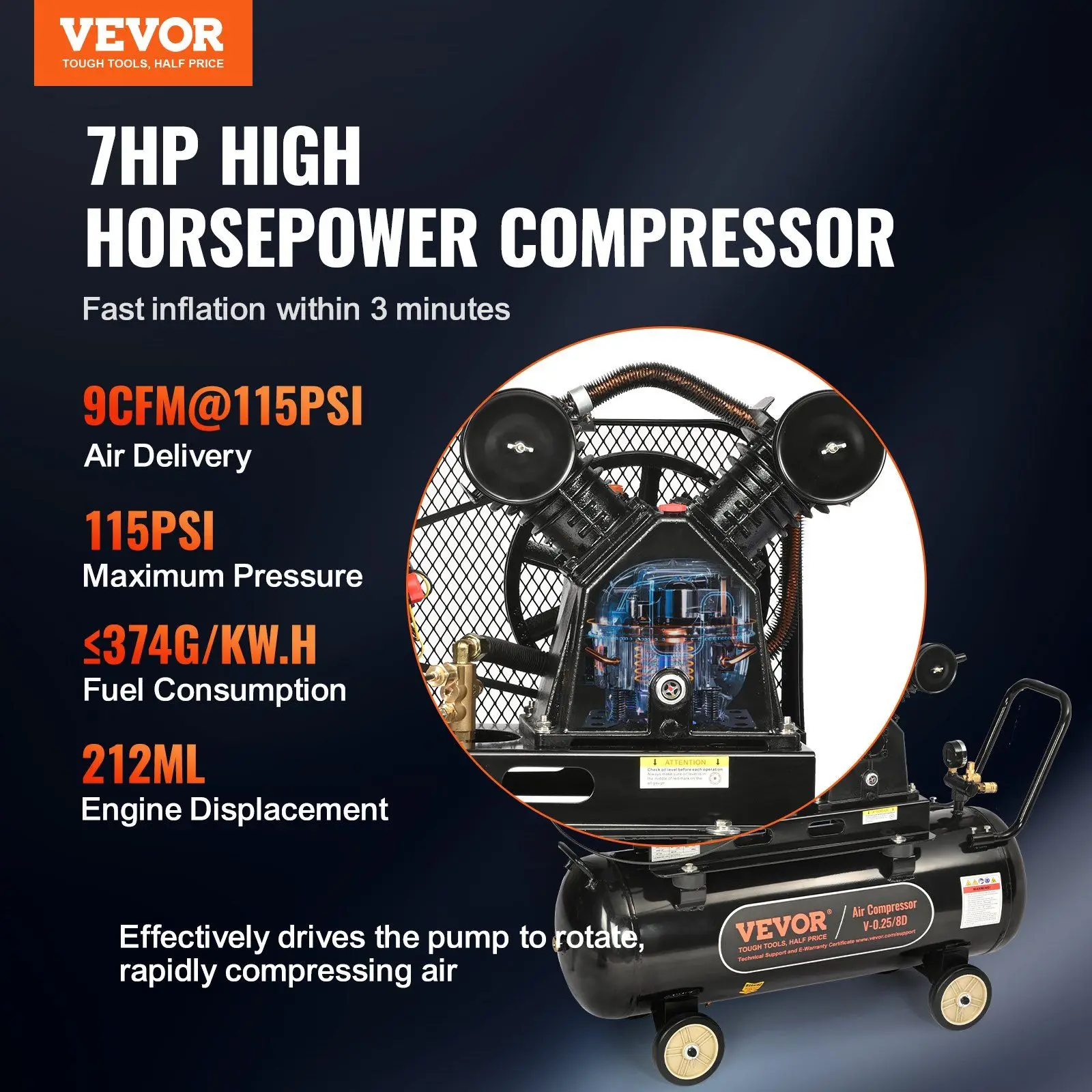 

Vevor Air Compressor 21 Gallon 7Hp Gas Powered Horizontal Portable Industrial Reciprocating Pump