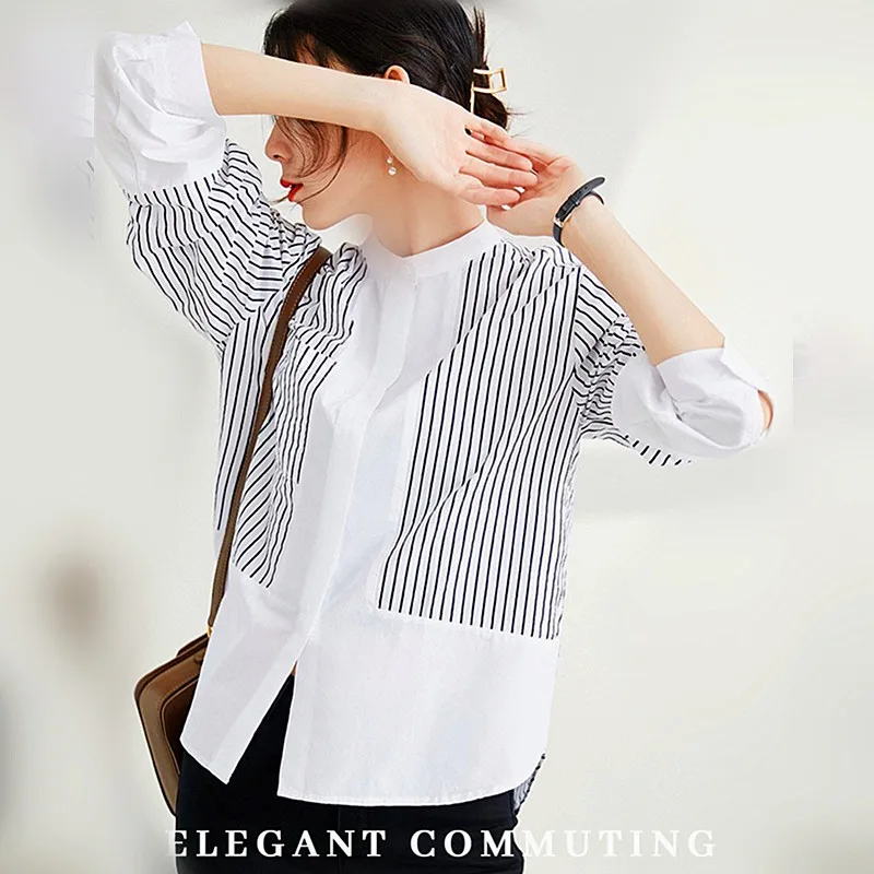 

Women Casual Shirts Long Sleeve Blouses Stripped Print Woman Spliced Shirts Office Ladies Designer Blouses Shirts Tops NZ337