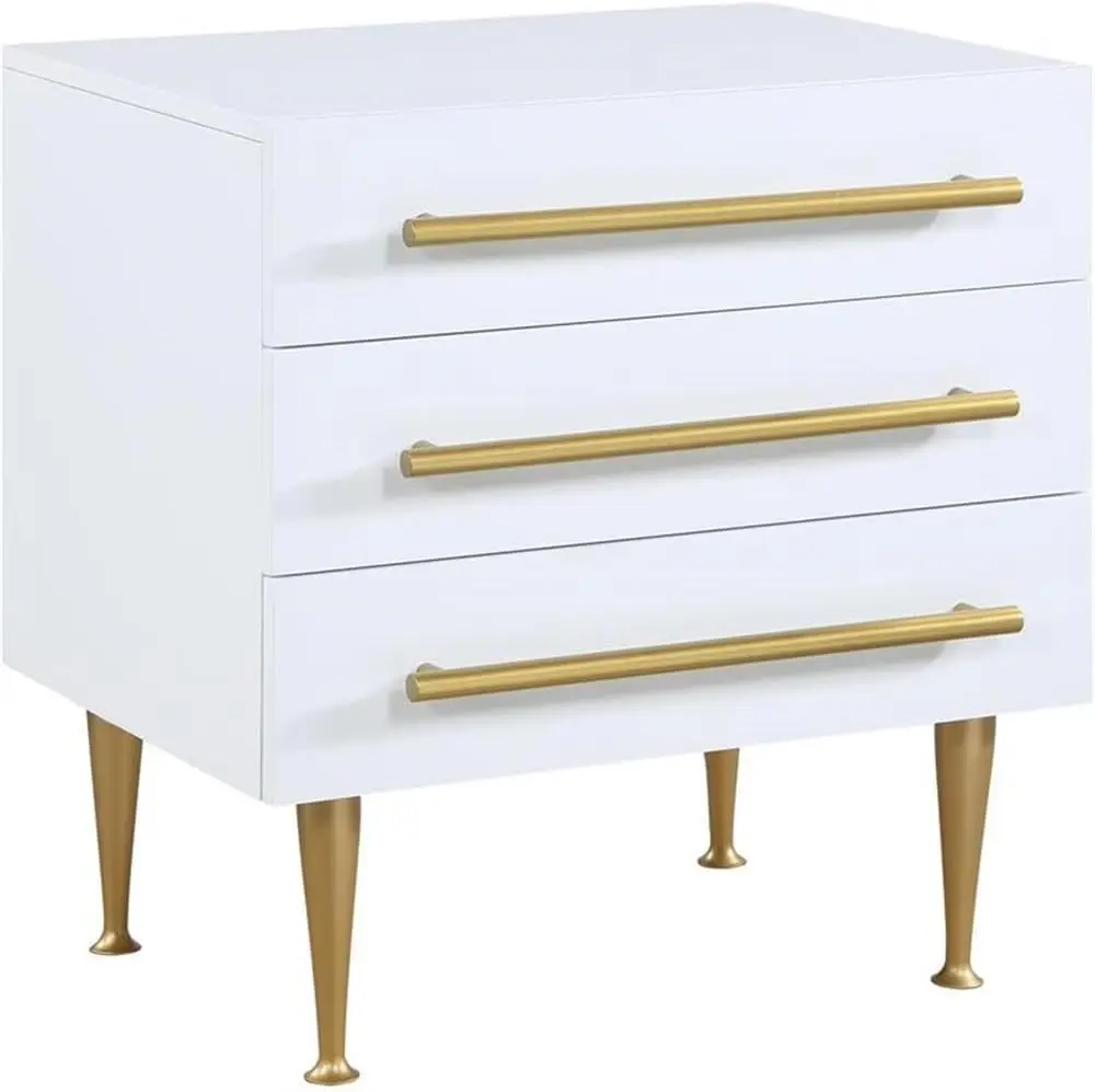 Meridian Furniture 844White-Ns Marisol Collection Modern | Contemporary Nightstand With Brushed Gold Metal Legs And Handle,