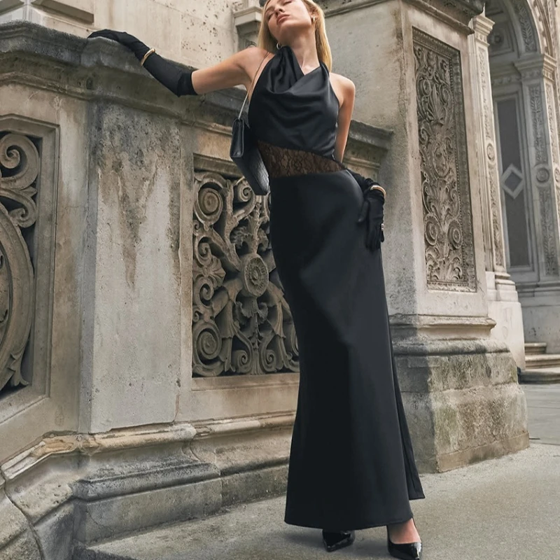 

Tsiisd Fashion Backless Sheer Lace Long Dress Women Necklace Sleeveless Elegant Sexy Evening Party Dress New Female Maxi Dress