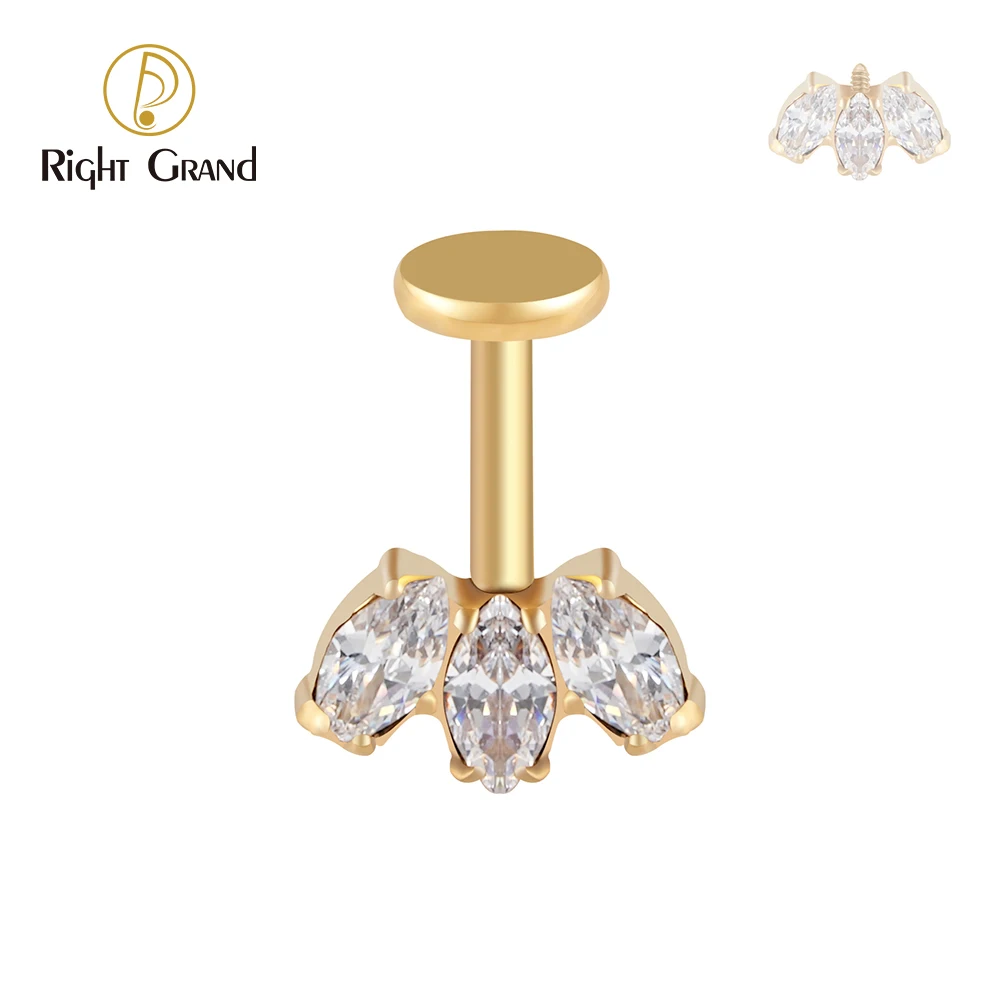 Right Grand ASTM F136 Titânio 16G Marquise CZ Parafuso Flat Back Hélice Vertical Perforación Cartilagem Brinco Stud