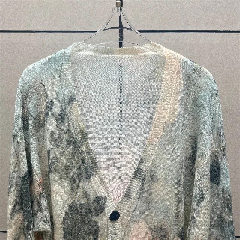 여성용 가디건 신상 신축성 니트 V넥 긴팔 가을 2025 프린트 슬림 여성 스웨터 100% 린넨 니트웨어