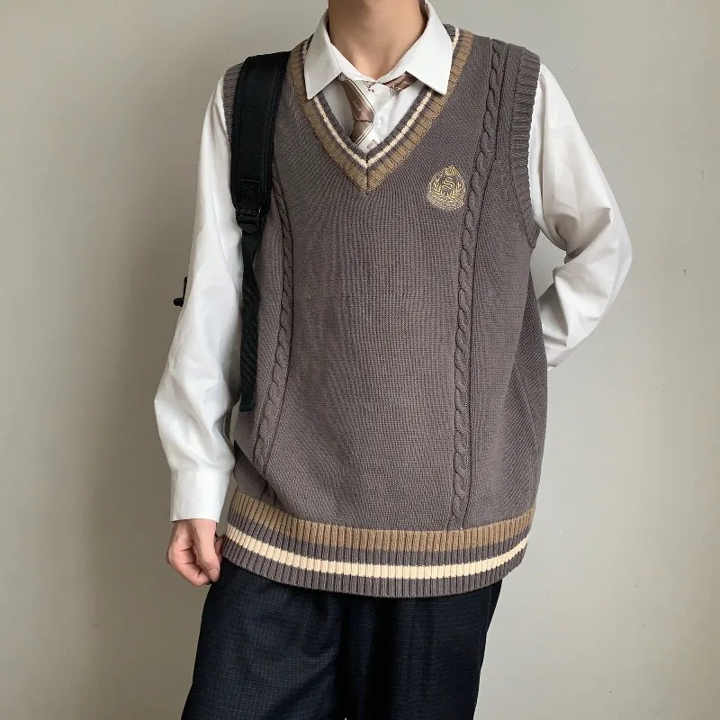 

Men's Casual Japanese Style V Neck Knit Cardigan Loose Fit Layered Tank Top Vest Unisex Couple Outfit