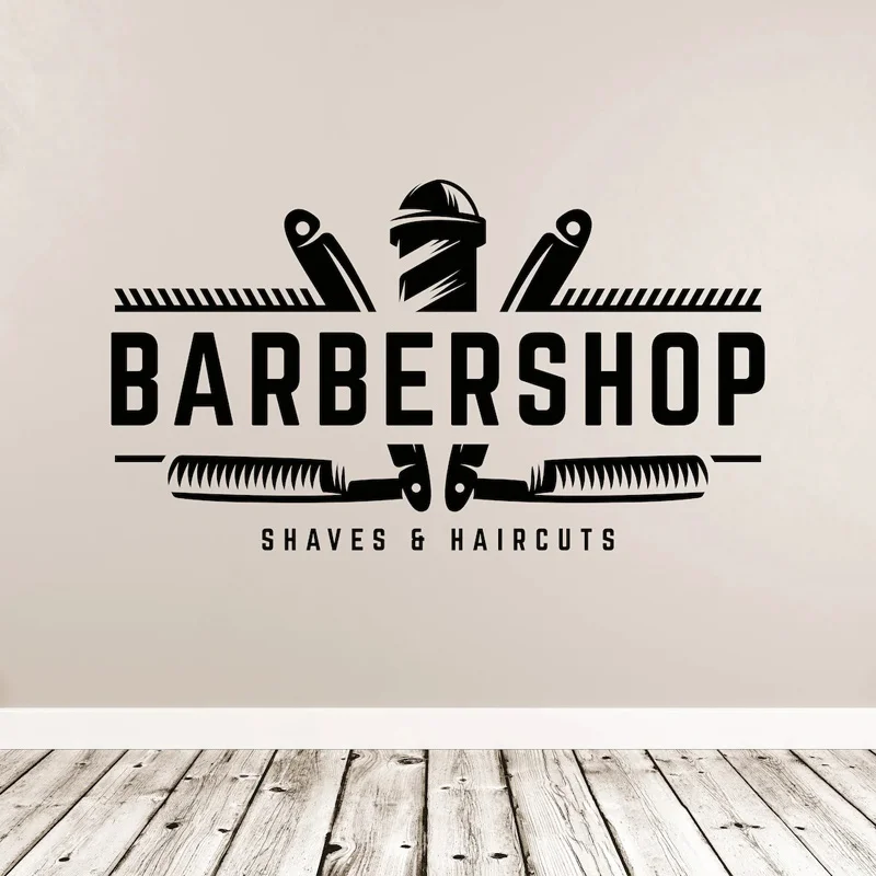 Text Style Can Be Customized for Hairdresser Barbershop Wall Sticker Razor Shaving Barbershop Window Door Decorative Vinyl BA27