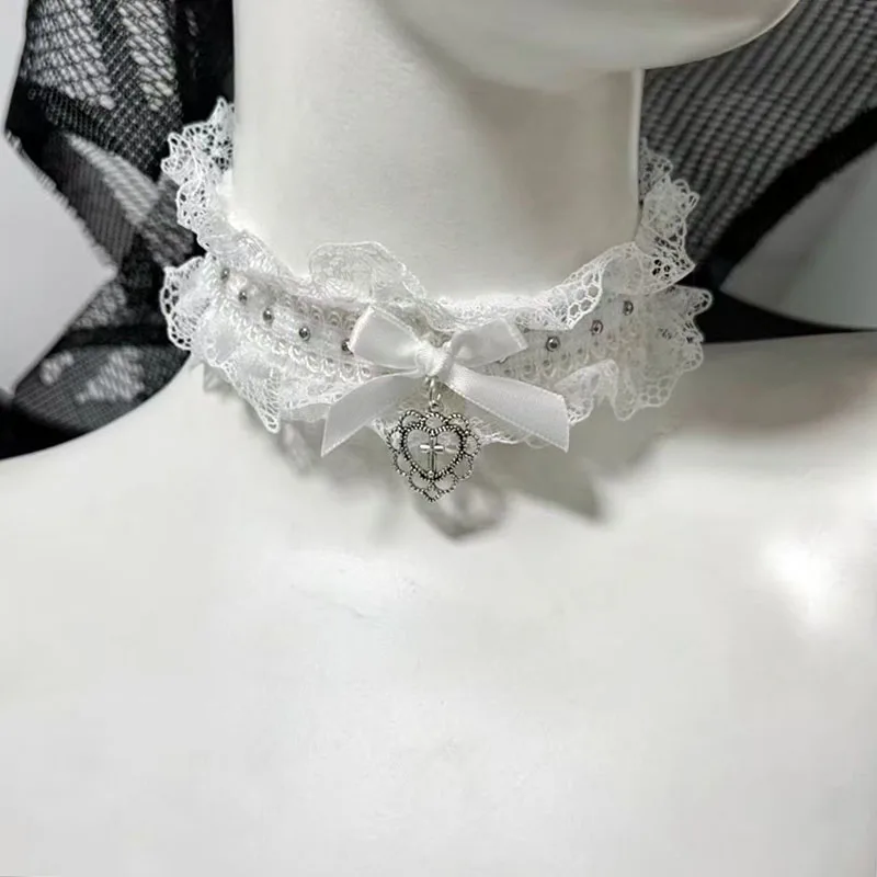 Lolita Cosplay Sexy Black White Lace Rivets Choker with Cross Heart Bow Pendant Goth Necklace for Women Party Y2K Jewelry Collar