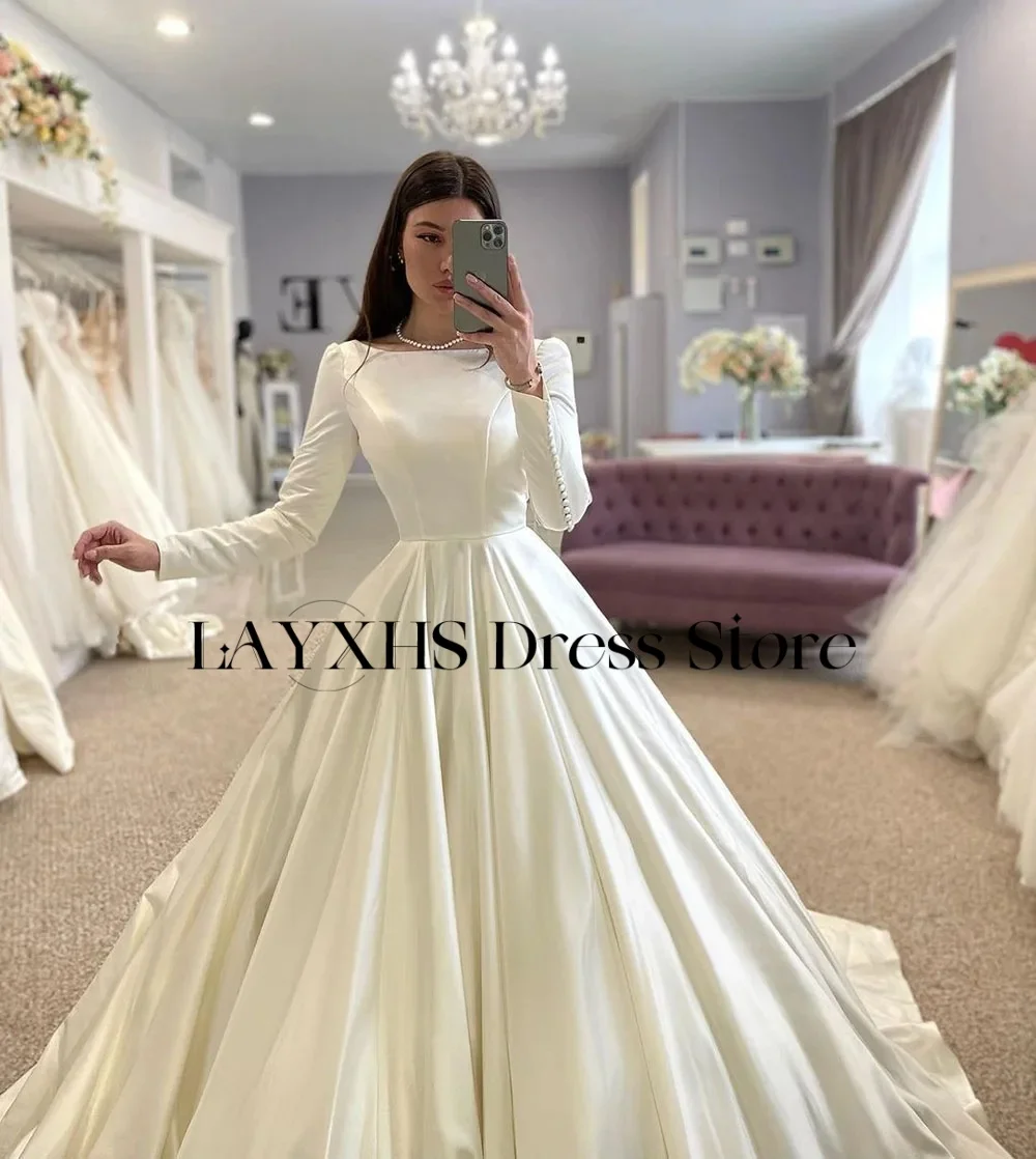 LAYXHS Elegant Boat Neck Wedding Dresses A-Line Long Sleeves Button Pleat Bridal Gowns Customized vestidos de novia