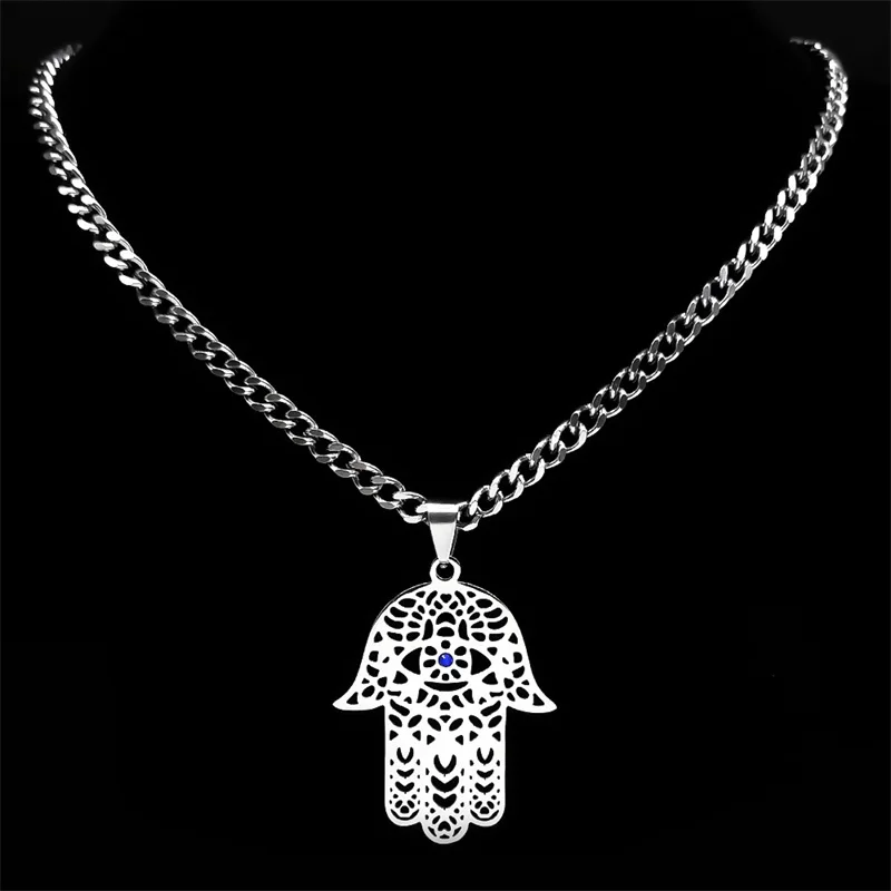 

Islam Hamsa Hand Amulet Necklace Women Men Stainless Steel Silver Color Hand of Fatima Hollow Necklaces Jewelry Gifts N2332S03