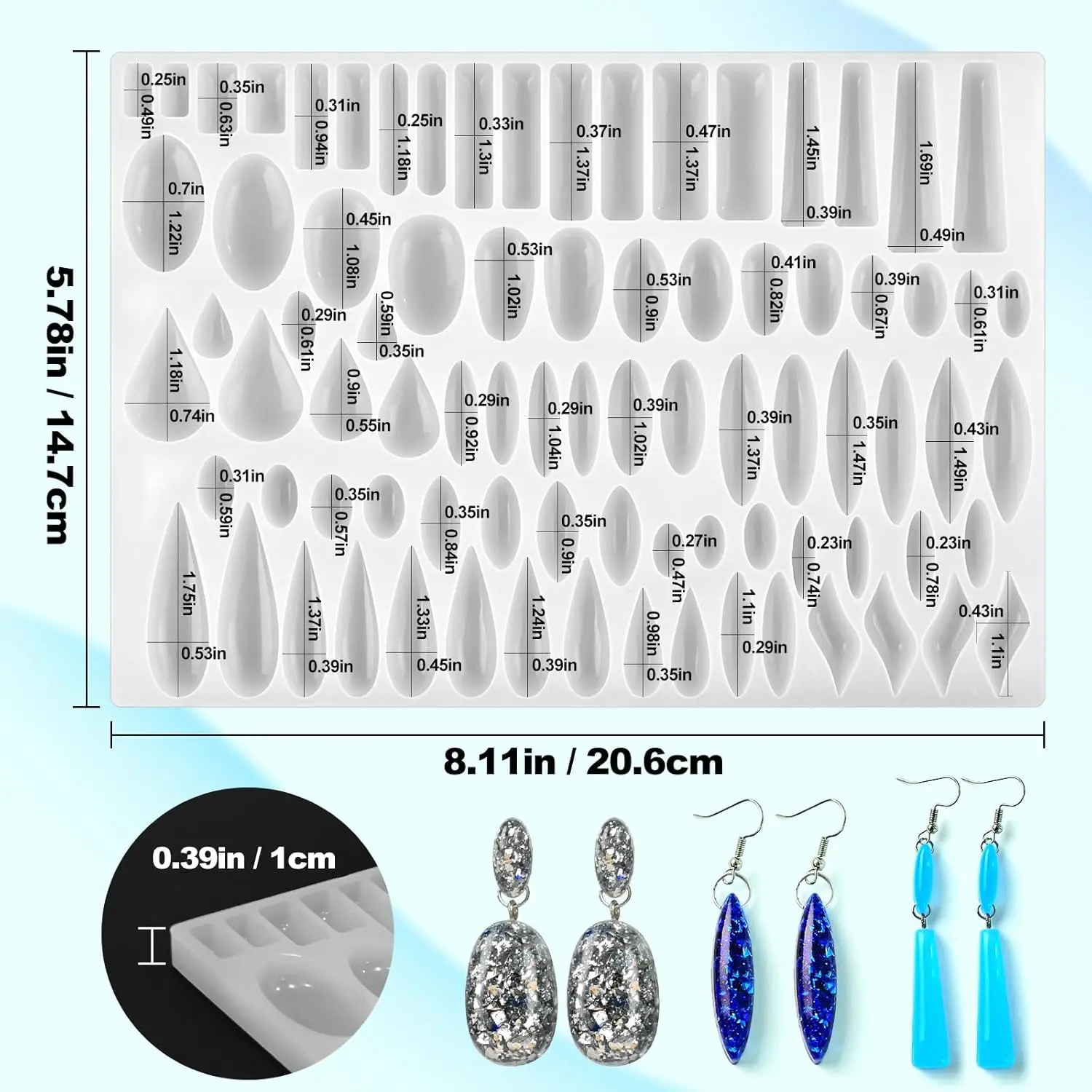Resin Earring Molds 41 Paired Shapes Stud Silicone Mold for Epoxy Casting Rectangle Oval Cabochon Teardrop Pendant DIY Jewelry