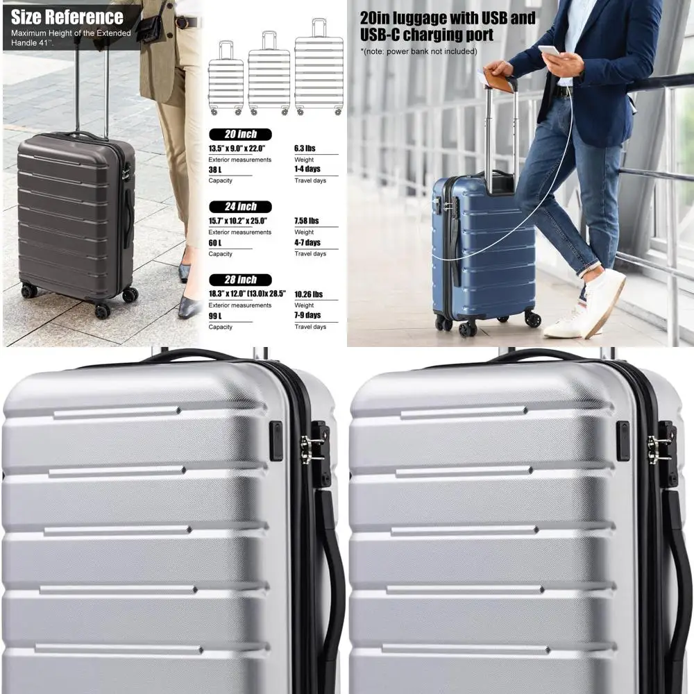 

Expandable TSA Lock Hardside Spinner Suitcase, 20 Carry-On, USB Port, Lightweight Silver